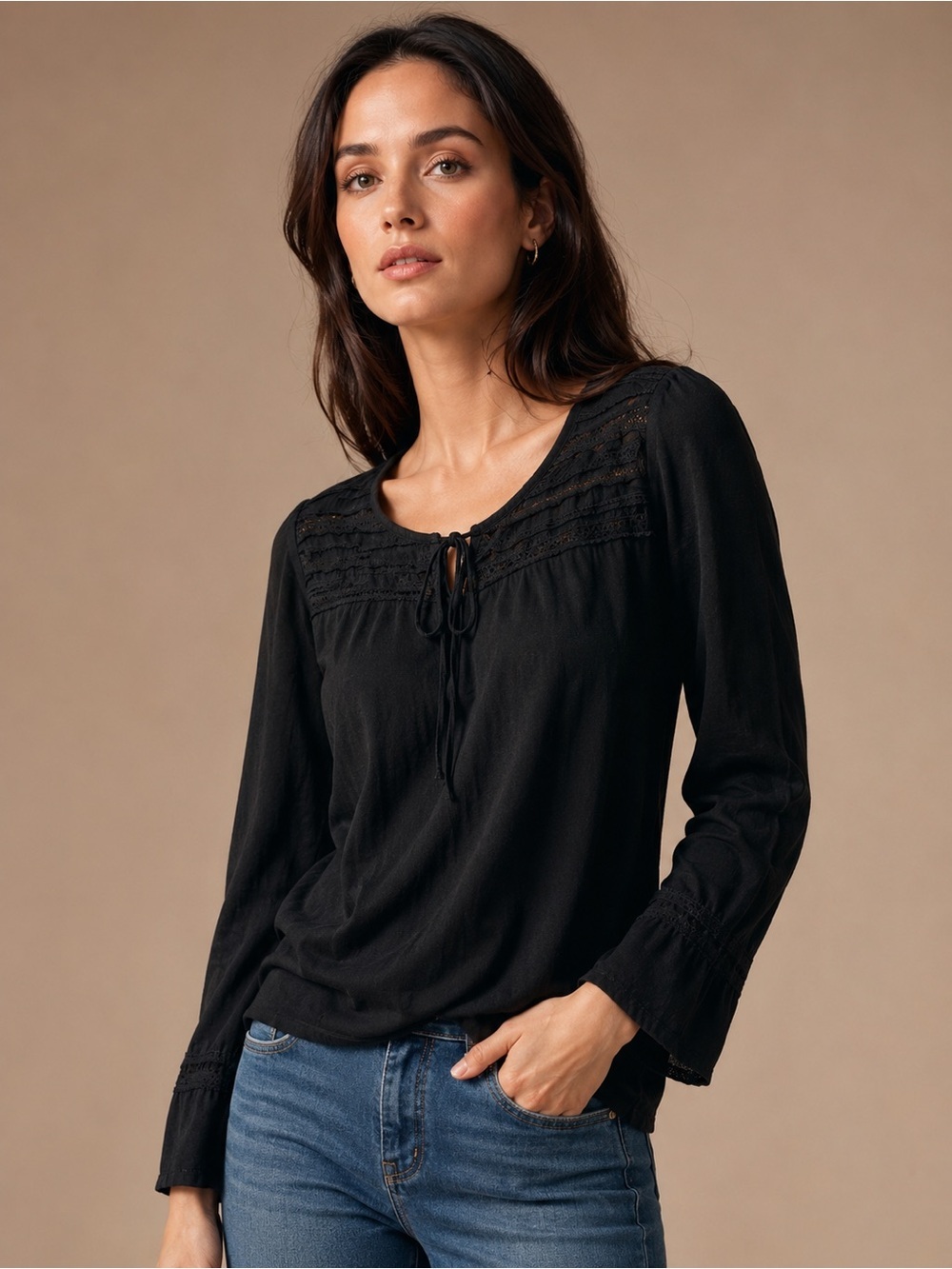 Lucky Brand Black Lace Yoke Long-Sleeve Peasant Top